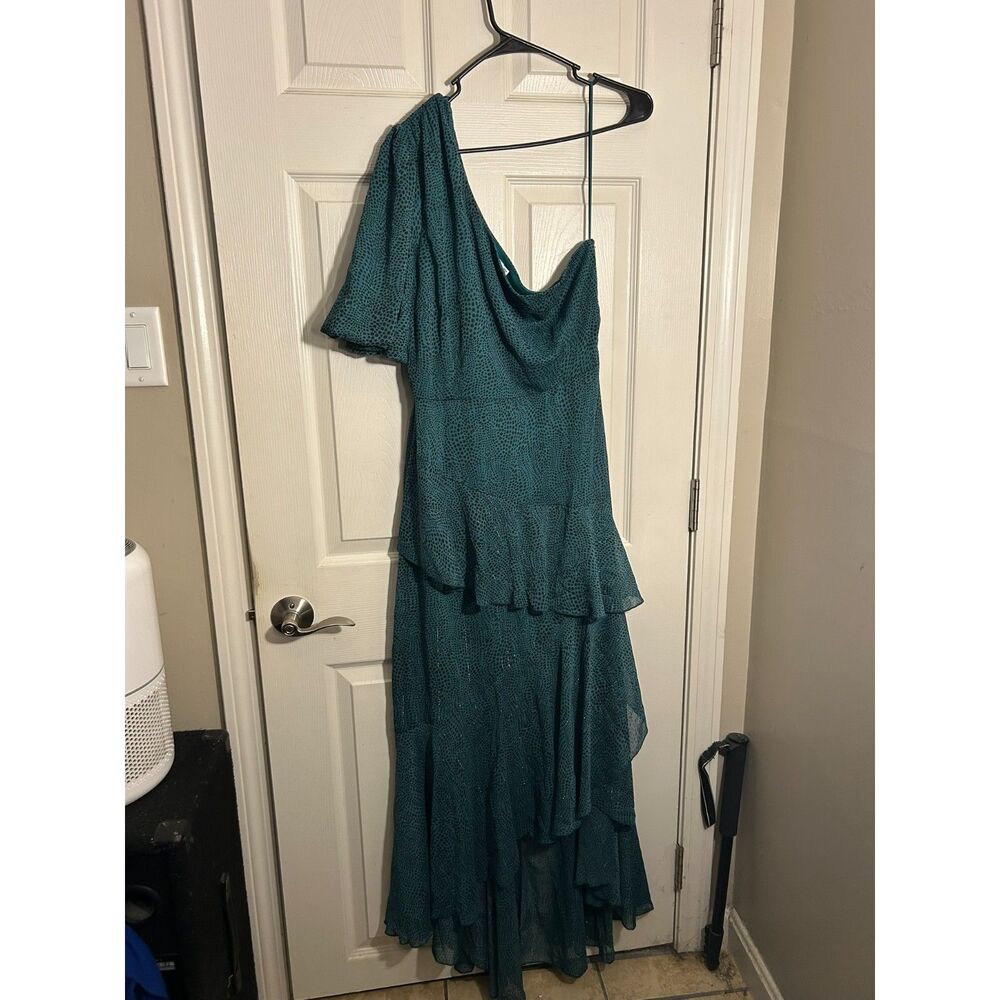 LUSH Teal Metallic Spot One-Shoulder Tiered Asymmetric Midi Dress Large
